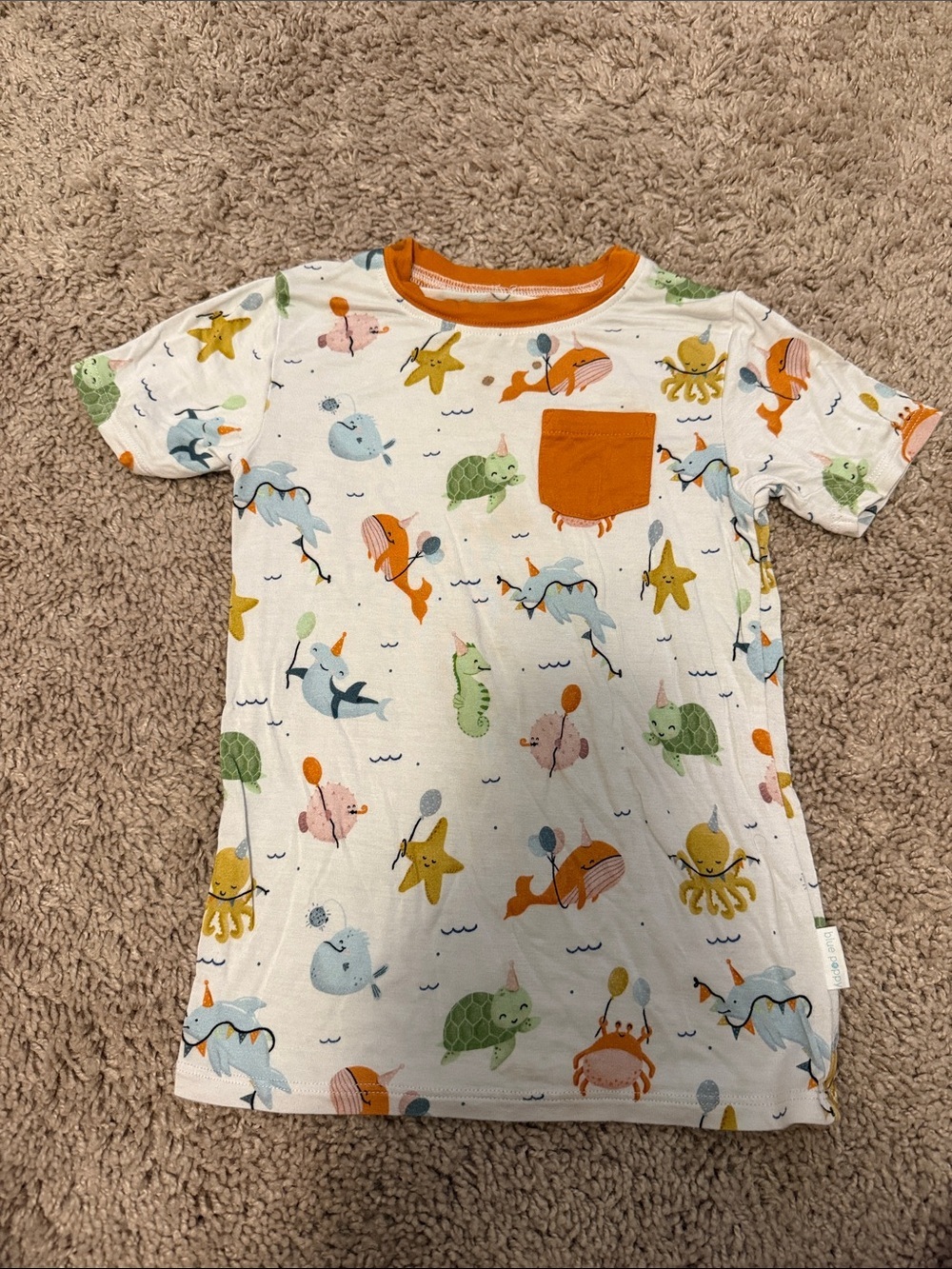 Blue Poppy Kids' Ocean Friends Pocket Tee - White with Orange Trim Bamboo 4T